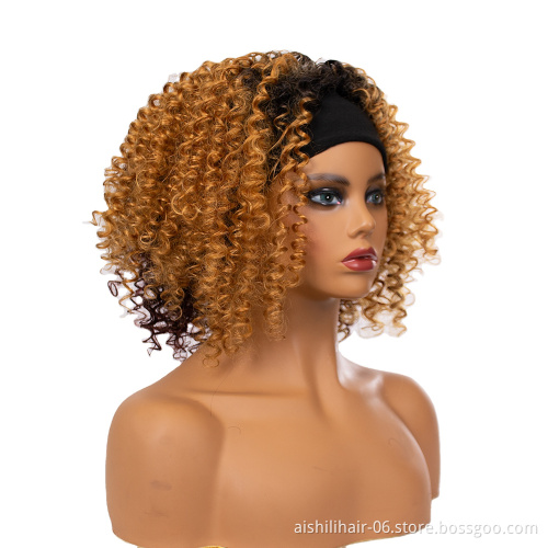 Wholesale Short Synthetic Kinky Curly Ombre Golden Blone To Brownish Red Hair Wigs With Headband For Women